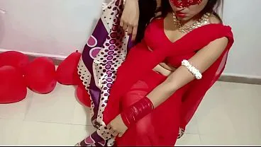 Stunning Newly Married Indian Wife in Red Sari Celebrating Valentine With Desi